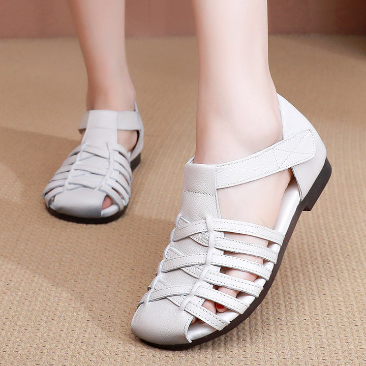 Women's Leather Fisherman Sandals Velcro Woven Summer Hollow-Out Casual Walking Flats