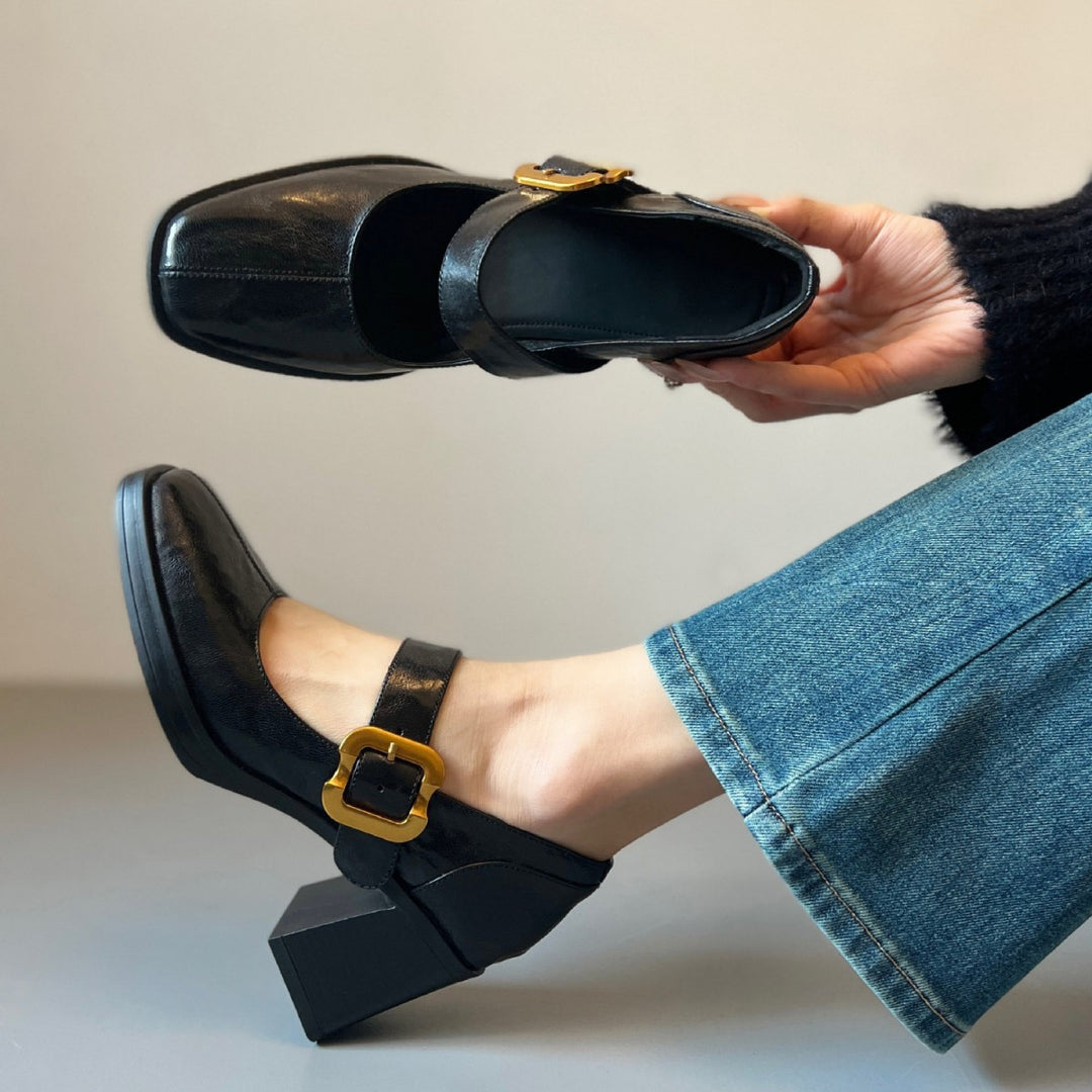 Women's Mary Jane Pumps - Square Toe Gold Buckle High Block Heel Dress Shoes
