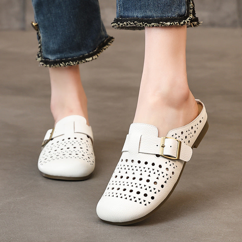 Women's Genuine Leather Buckle Mules Round Toe Backless Slip On Slides