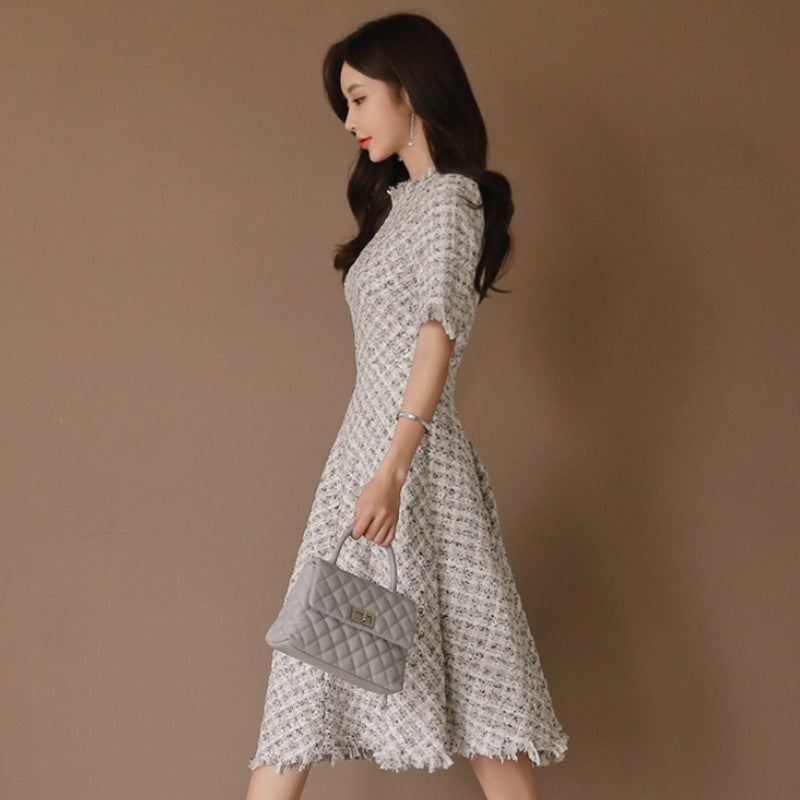 Womens Korean Elegant Midi Tweed Dress