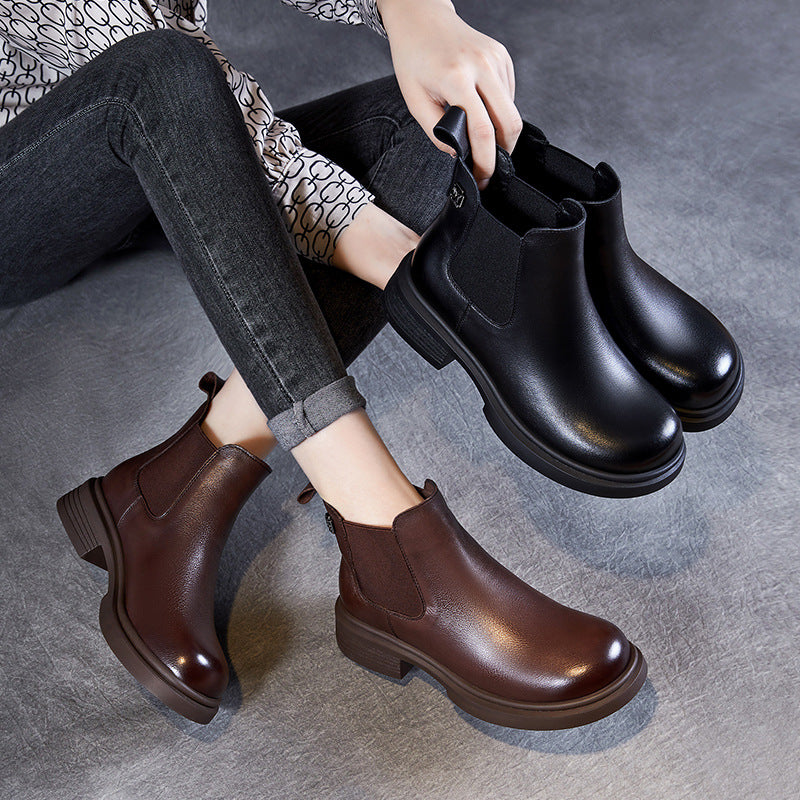 Women's Leather Short Boots – Chelsea Style Chunky Heel Comfort Shoes