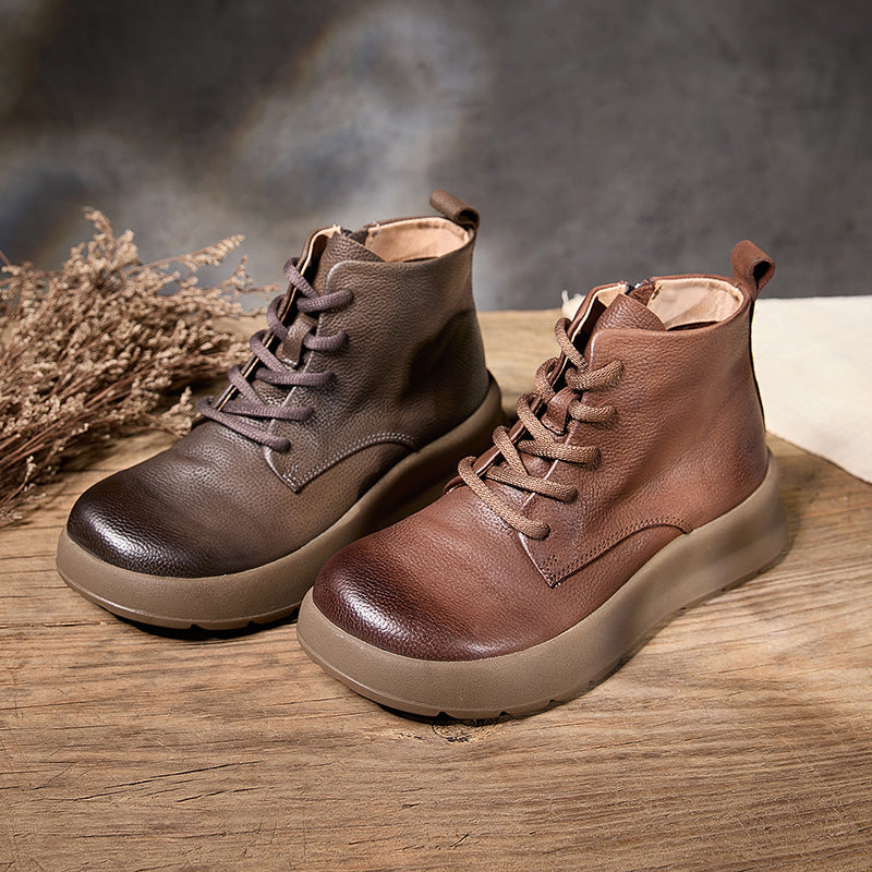 Women’s British Style Leather Platform Ankle Boots – Zip High-Top Design