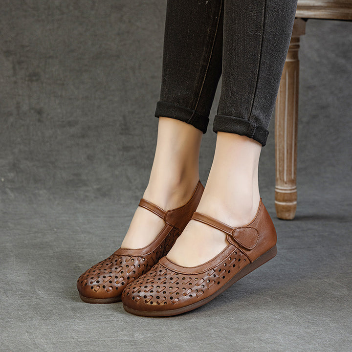 Women's Soft Leather Mary Jane Flats - Hollow Out Geometric Perforated Sandals Closed Toe Comfort Walking Shoes
