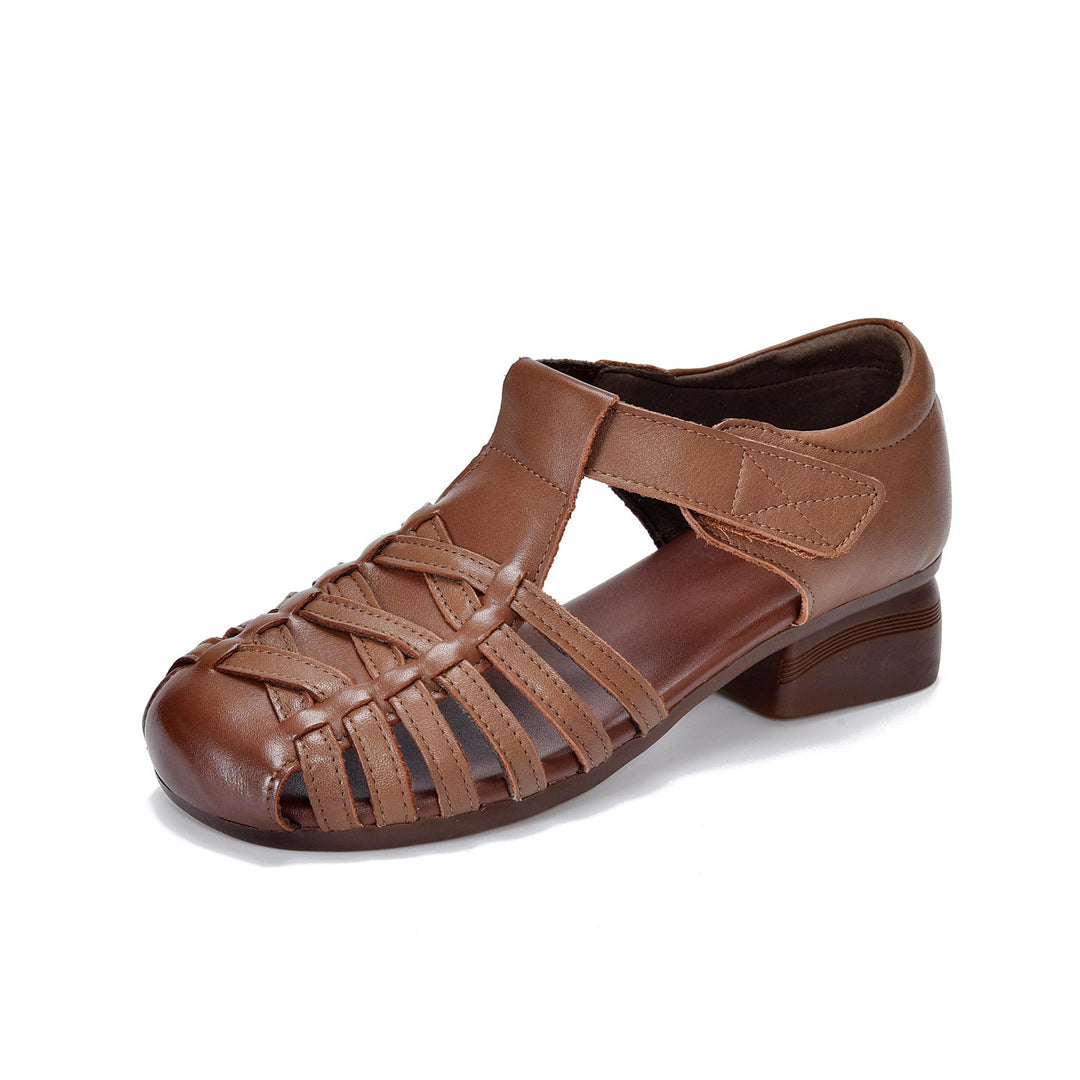 Women's Leather Fisherman Sandals - Closed Toe Woven Strappy Gladiator Sandals Low Block Heel