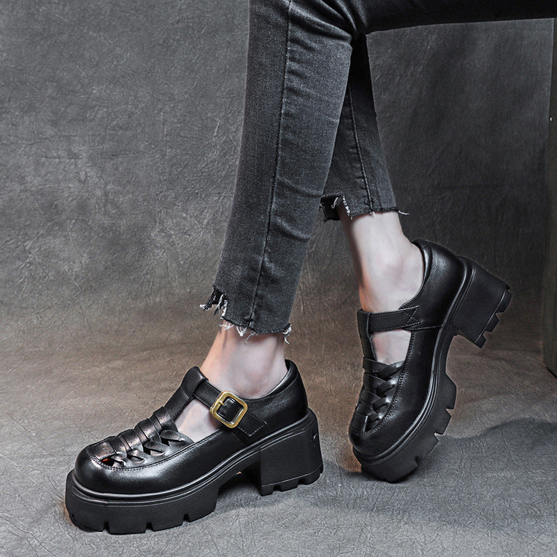 Women's Genuine Leather Fisherman Sandals - Chunky High Heel & Closed Toe Design