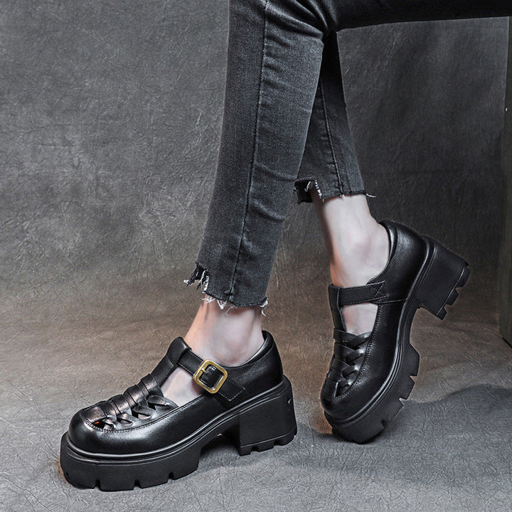 Women's Genuine Leather Fisherman Sandals - Chunky High Heel & Closed Toe Design