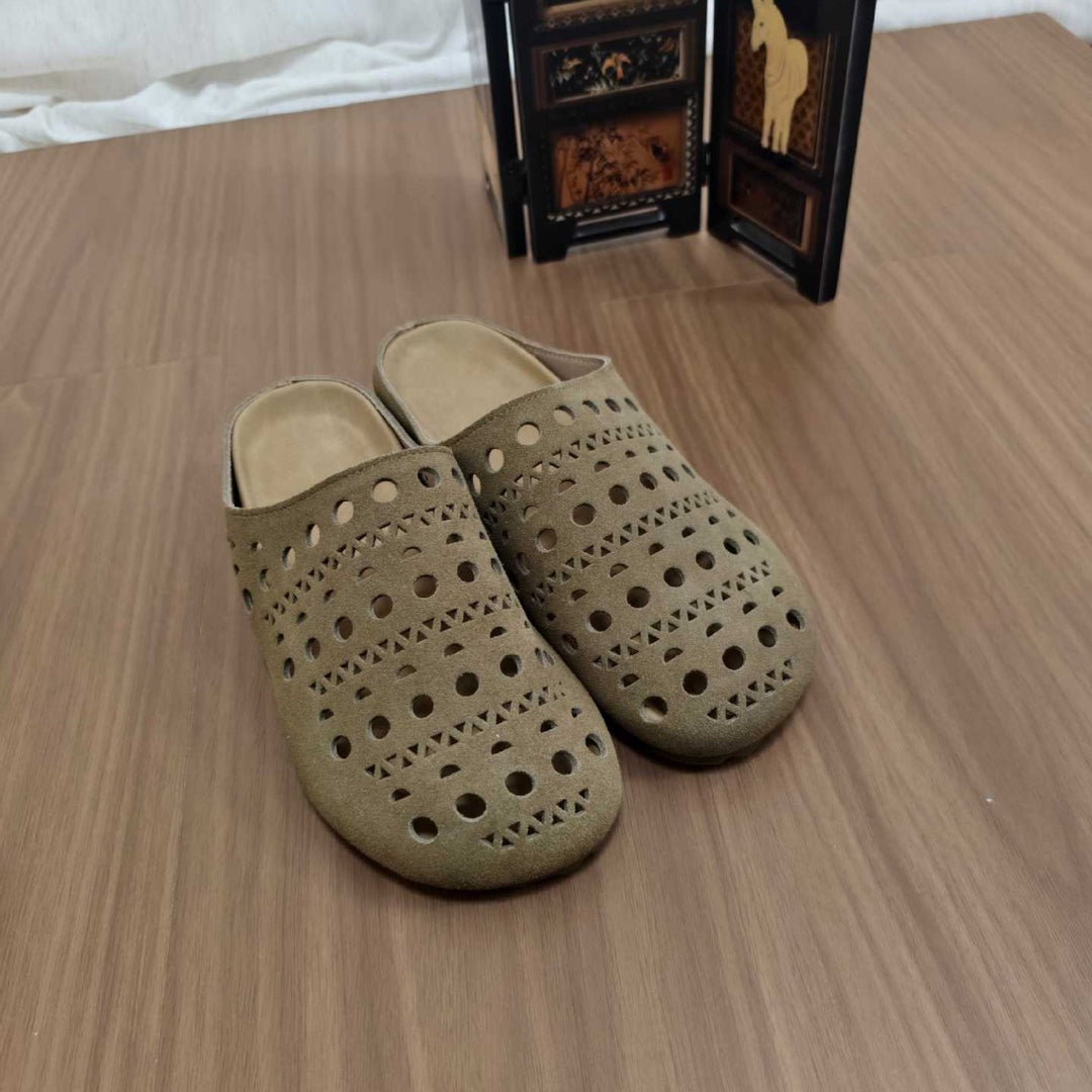 Women's Platform Leather Clogs Perforated Hollow-Out Mules Barefoot-Friendly Slippers