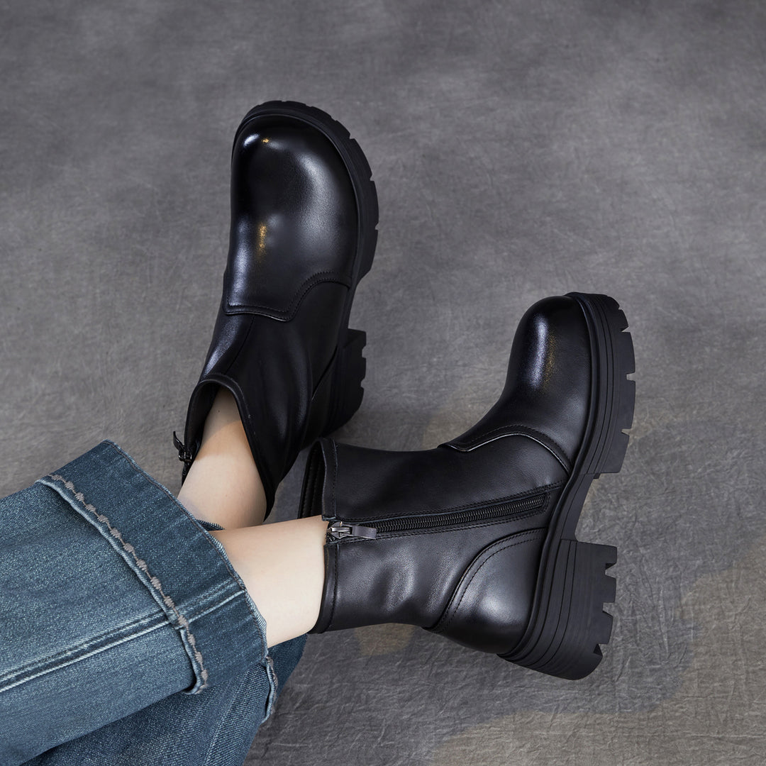 Women's Top-Grain Leather Ankle Boots Chunky Platform Block Heel Side Zipper Booties