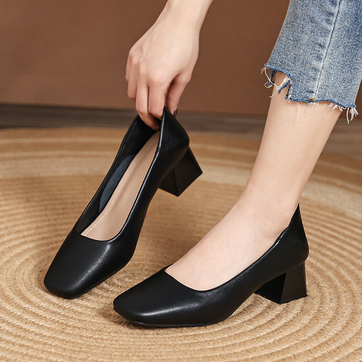 Women's Soft Leather Pumps - Square Toe Low Block Heel Dress Shoes Casual Slip-On Loafers