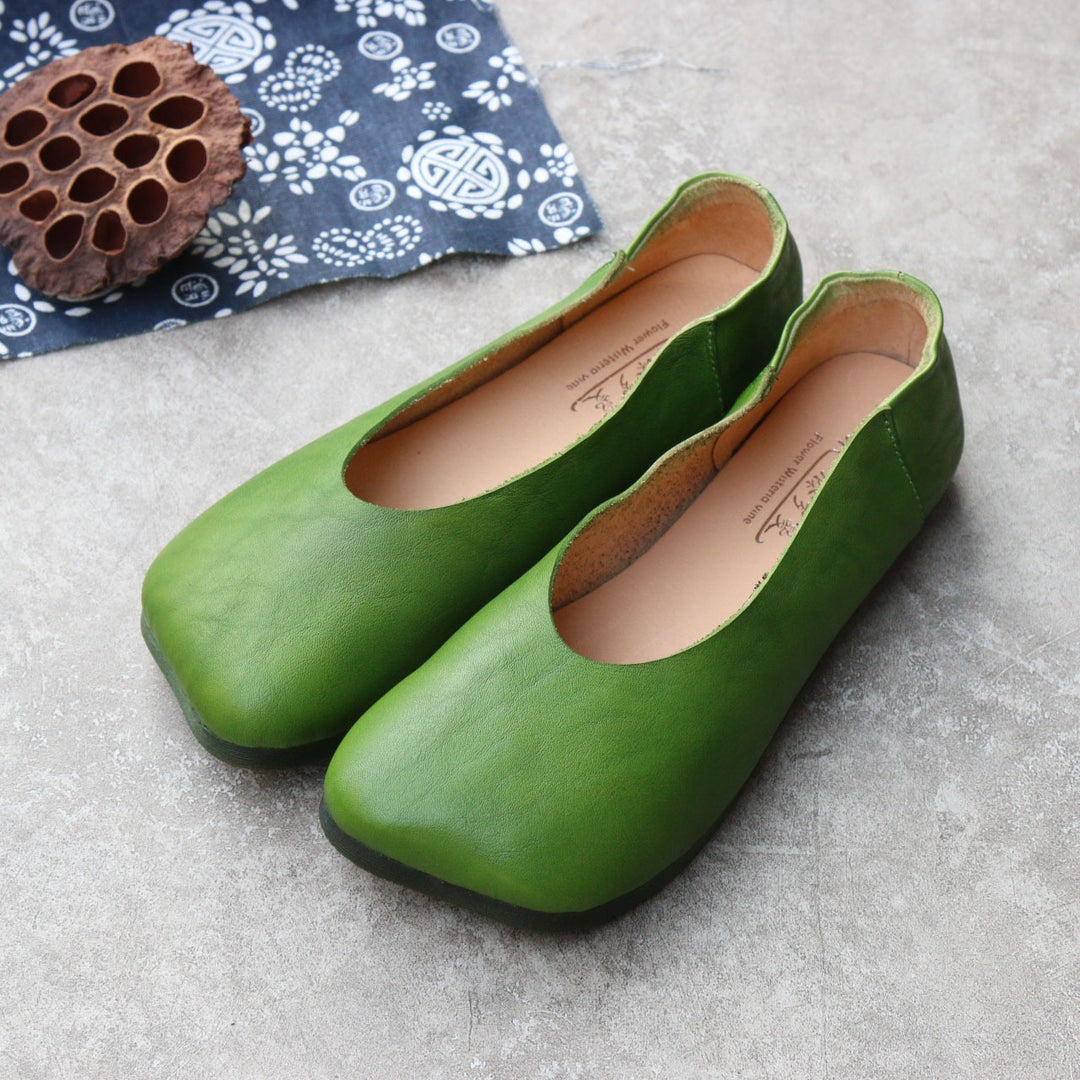Women's Soft Genuine Leather Ballet Flats - Vintage Square Peep Toe Slip-On Loafers