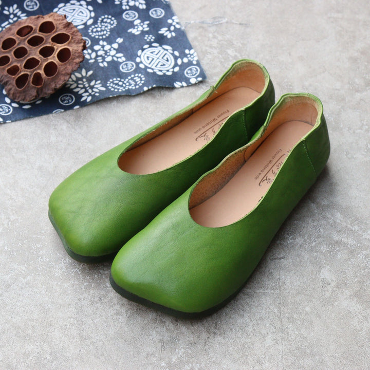 Women's Soft Genuine Leather Ballet Flats - Vintage Square Peep Toe Slip-On Loafers