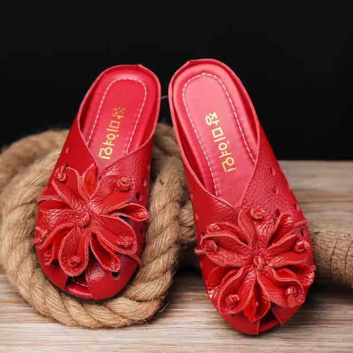 Women's Leather Mules - Retro Hollow Out Summer Sandals with Floral Detail, Slip-on Round Toe Flat Shoes
