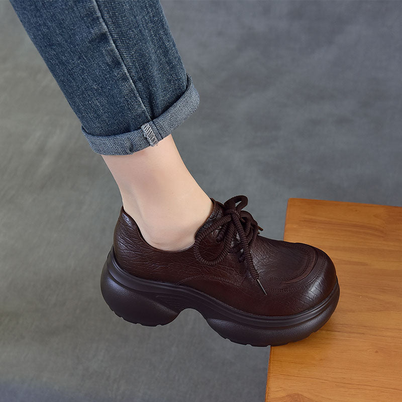 Women's Chunky Platform Oxford Shoes Top-Grain Leather Lace Up Wedge Loafers