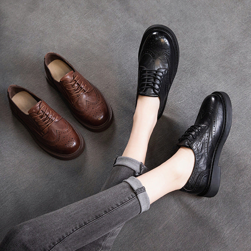 British Style Women's Wingtip Oxfords - Leather Lace-up Flats with Brogue Detail