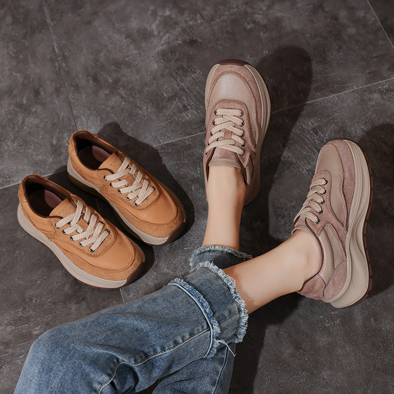 Women's Non-Slip Leather Platform Sneakers – Retro Chunky Sole Design