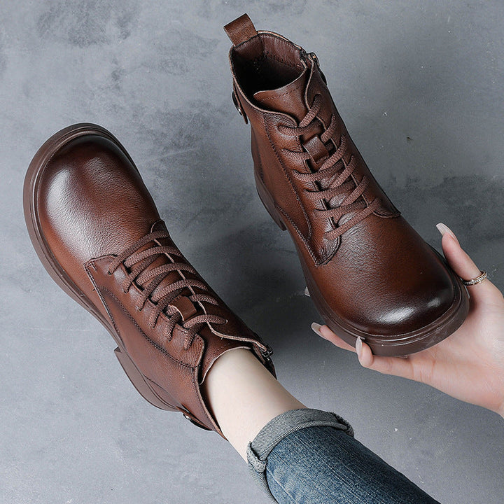 Women’s British Style Leather Lace-Up Ankle Boots – Retro Block Heel Boots
