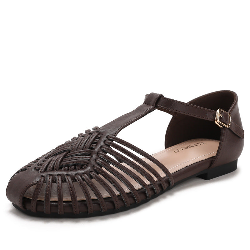 Women's Retro Gladiator Sandals T-Strap Woven Mary Jane Summer Lightweight Flats