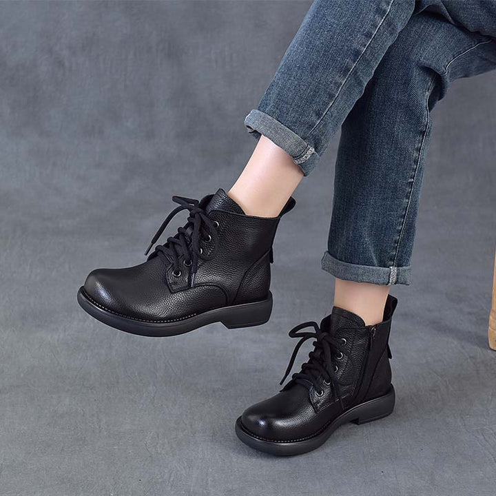 Women's Vintage Leather Ankle Boots Zipper Lace Up Flat Combat Booties