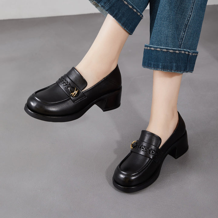 Women's Retro Sheepskin Loafers Vintage Round Toe Woven Strap Chunky Heels