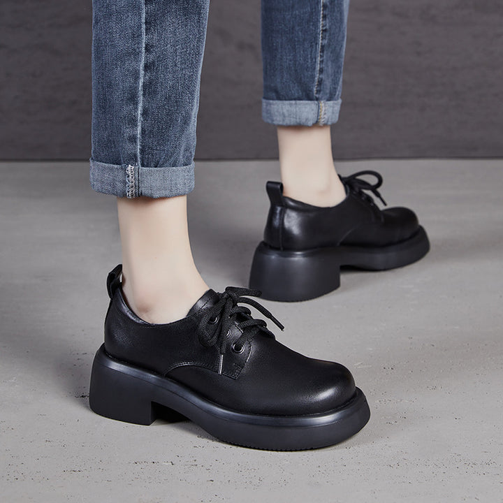 Women's Retro Leather Oxford Shoes Vintage Round Toe Platform Lace-up Chunky Heels