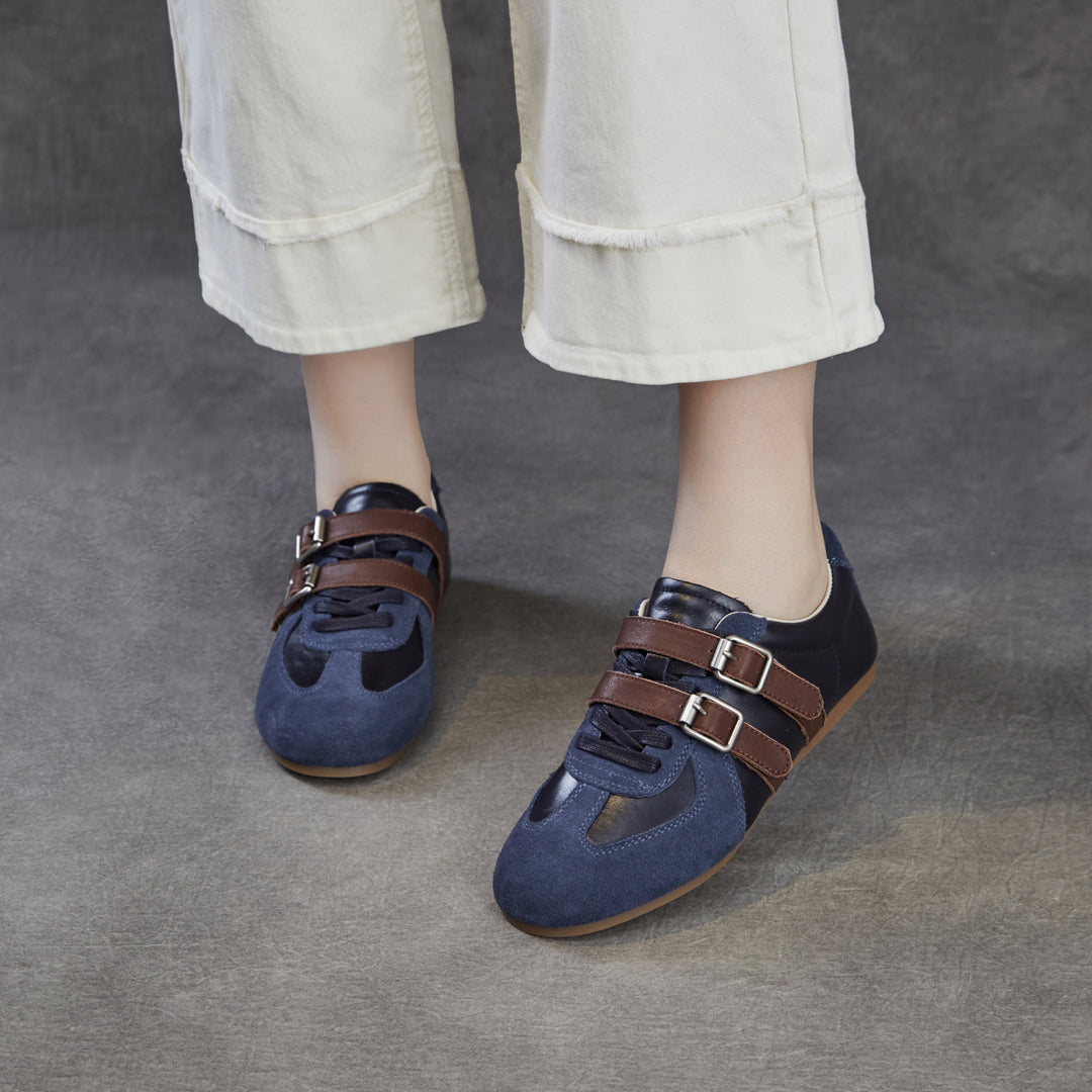 Women's Genuine Leather Double Buckle Strap Sneakers Retro Slip-on Flat Shoes