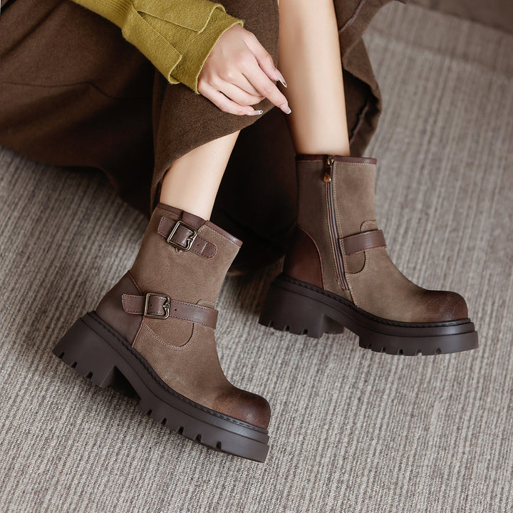 Women's Buckle Strap Cowhide Ankle Boots Chunky Platform Mid Heel Motorcycle Boots