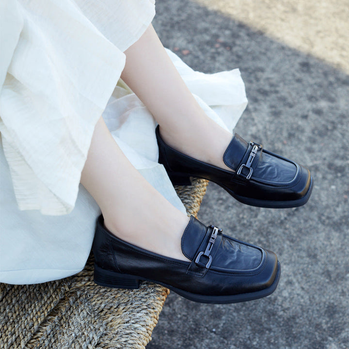 Women's Premium Unlined Leather Loafers - Elegant Metal Buckle Walking Flats
