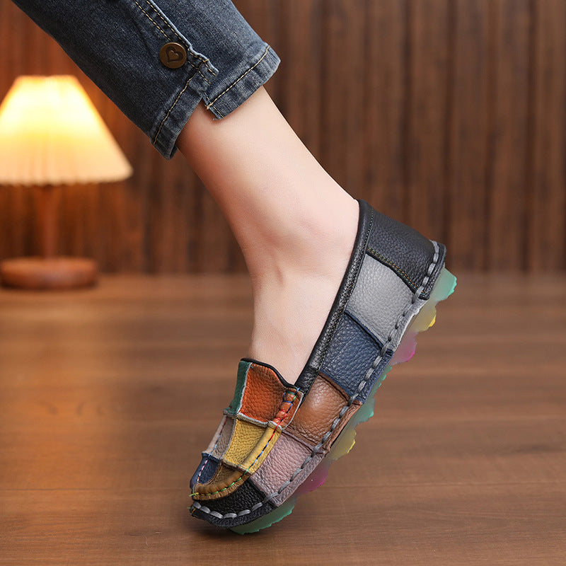 Women‘s Retro Cowhide Loafers Vintage Round Toe Patchwork Slip-on Driving Flats