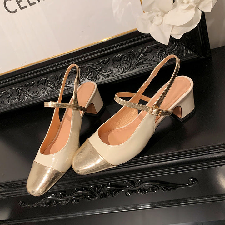Women's Elegant French Patchwork Slip On Closed Toe Mid Heel Sandals