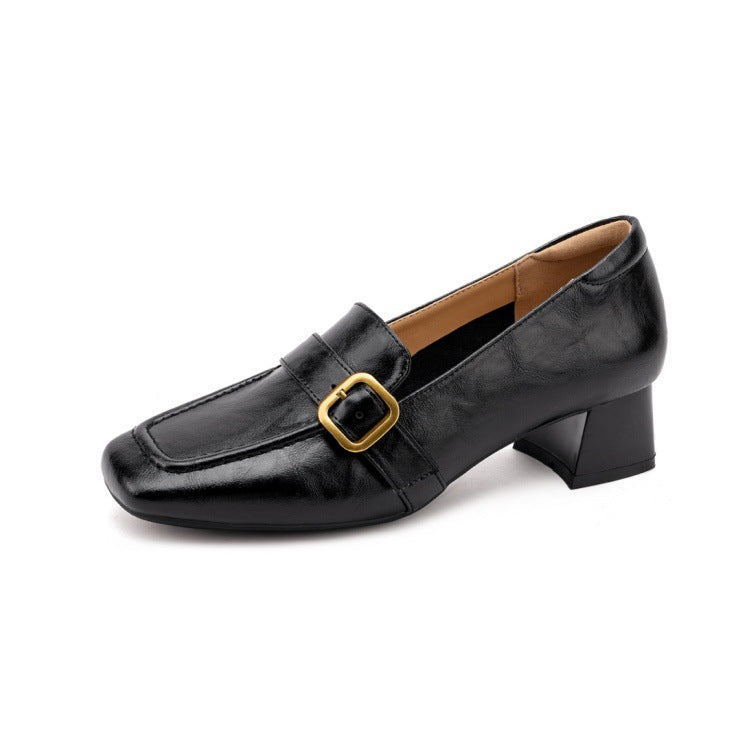 Women's Lambskin Square-Toe Slip-On Loafers with Metal Buckle — Office Shoes