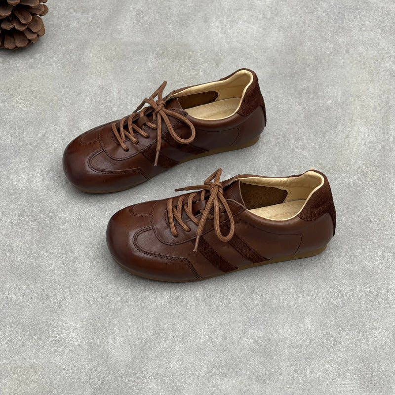 Women's Vintage Leather Retro Runners Round Toe Soft Sole Lace-Up Walking Shoes