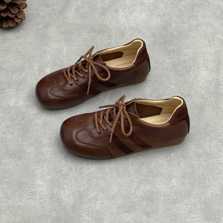 Women's Vintage Leather Retro Runners Round Toe Soft Sole Lace-Up Walking Shoes