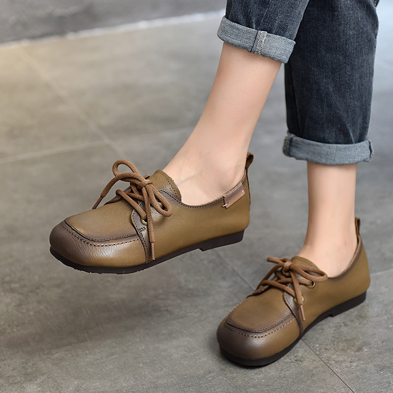 Women's Soft Leather Casual Flats – Comfortable Lace-Up Shoes