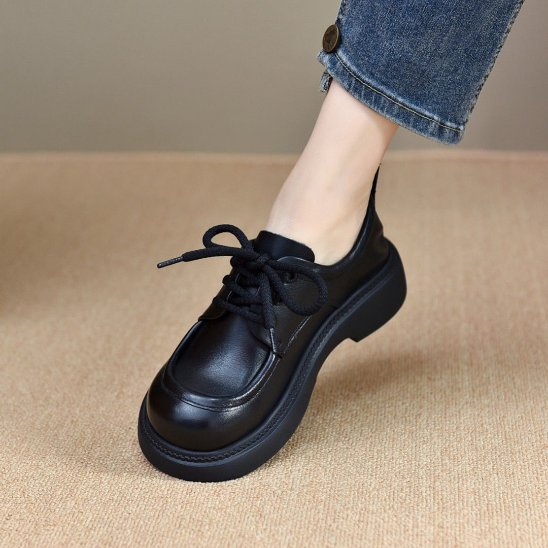 Women's Leather Casual Lace-up Round-Toe Low-Heel Daily Shoes