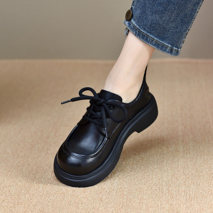 Women's Leather Casual Lace-up Round-Toe Low-Heel Daily Shoes