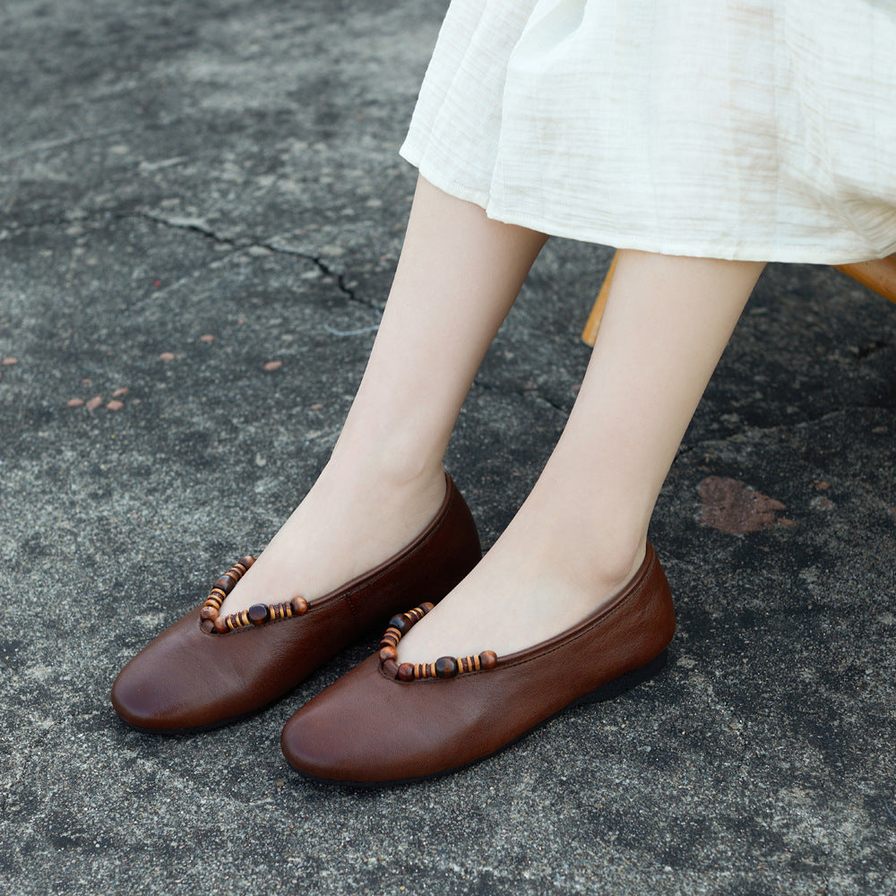 Women's Leather Ballet Flats - Vintage Beaded Loafers, Slip-on Round Toe Spring Summer Comfort Shoes