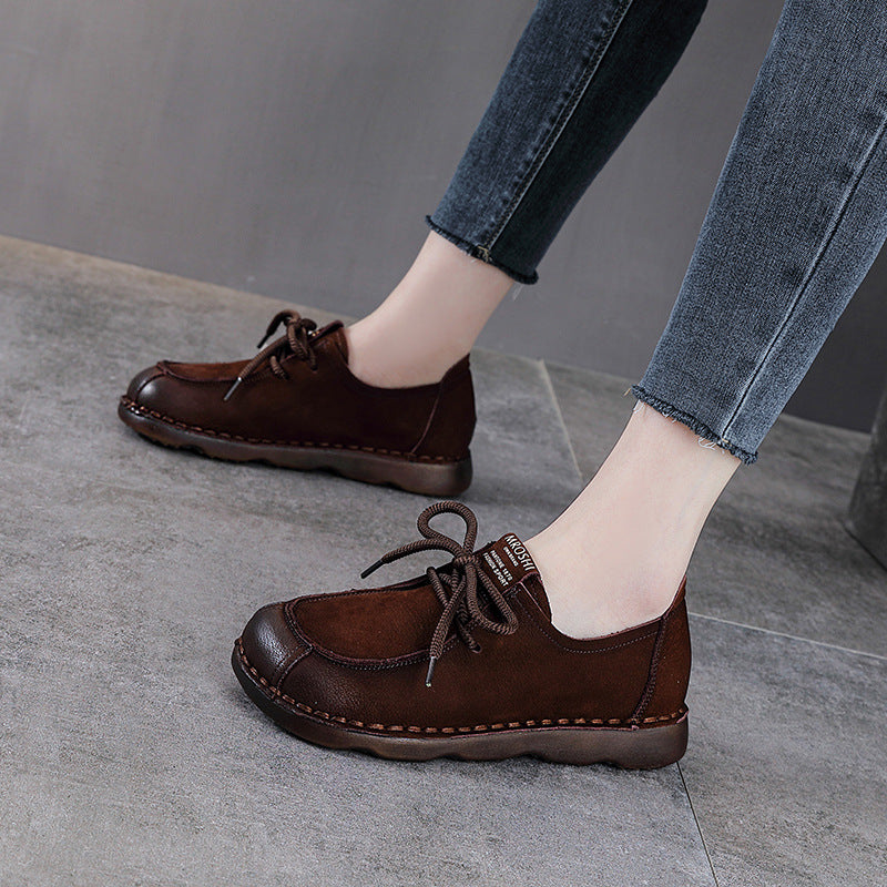 Women's Retro Casual Leather Flats — Comfortable Everyday Walking Shoes