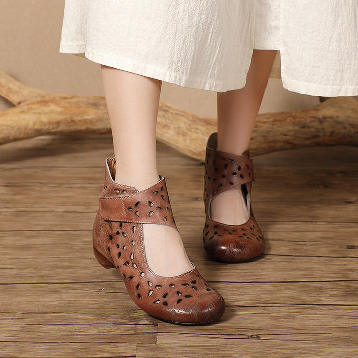 Handmade Leather Cut-Out Sandals - Vintage Bohemian Summer Flats with Adjustable Velcro