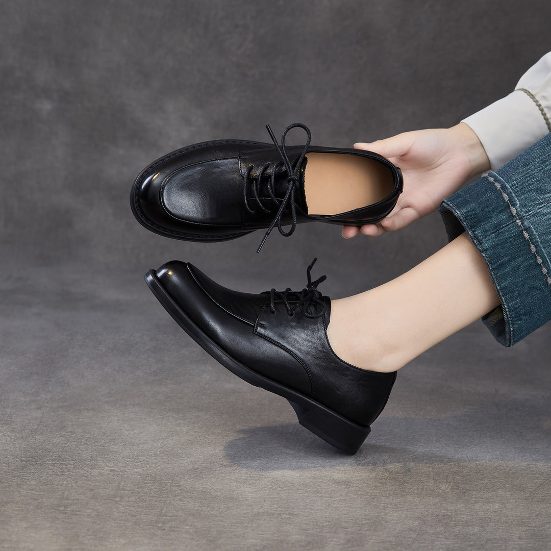 Women's Genuine Leather Oxford Shoes Retro Lace-up Round Toe Low Heel Derby Flats