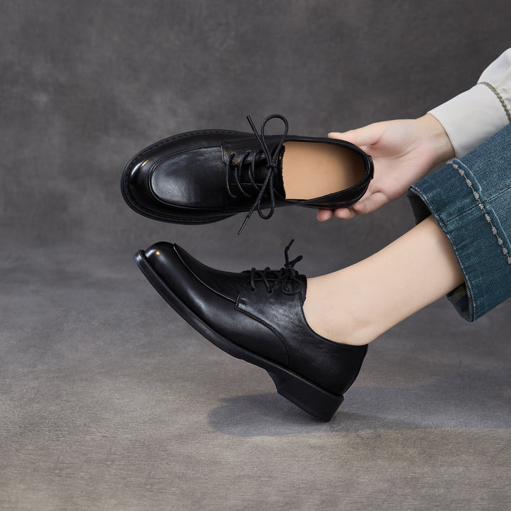 Women's Genuine Leather Oxford Shoes Retro Lace-up Round Toe Low Heel Derby Flats