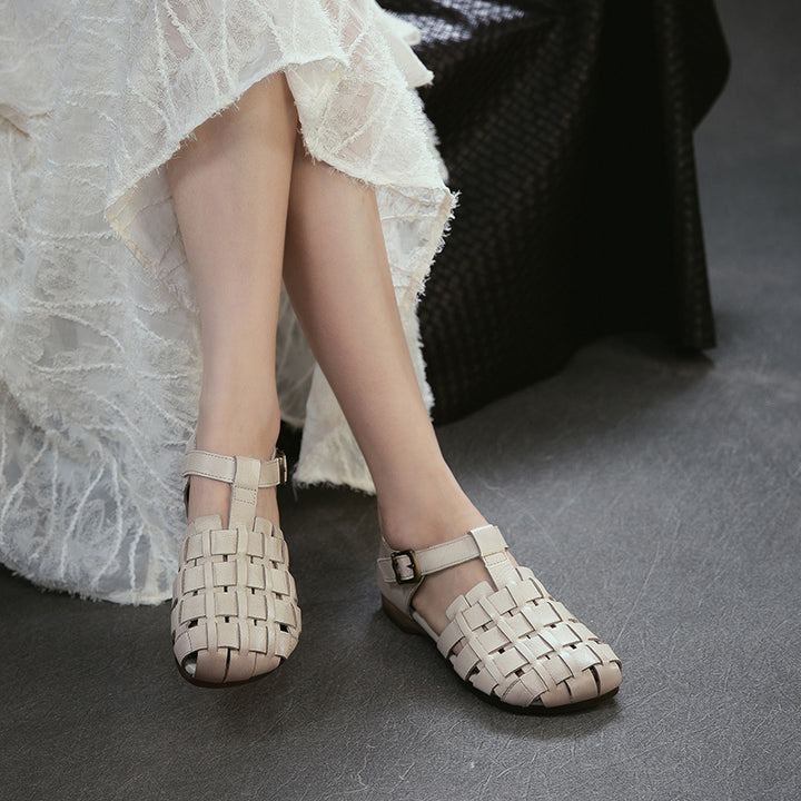 Women's Retro Woven Fisherman Sandals Vintage Leather Velcro Cage Flats