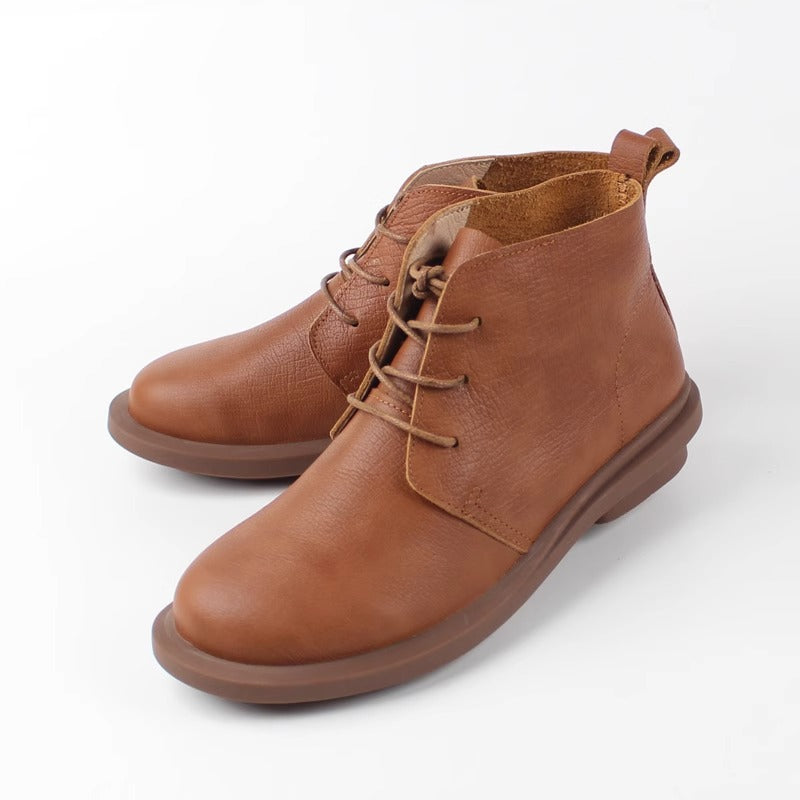 Womens Head Layer Cowhide Retro Short Boots Soft Sole Lace Up British Style Shoes