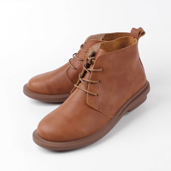 Womens Head Layer Cowhide Retro Short Boots Soft Sole Lace Up British Style Shoes