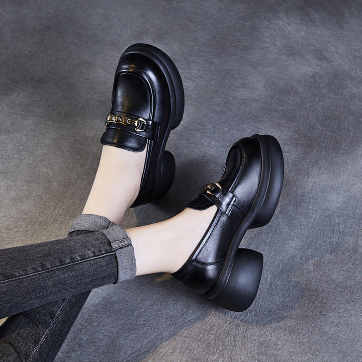 Women’s Leather Platform Block Heel Loafers – British Vintage Chain Detail