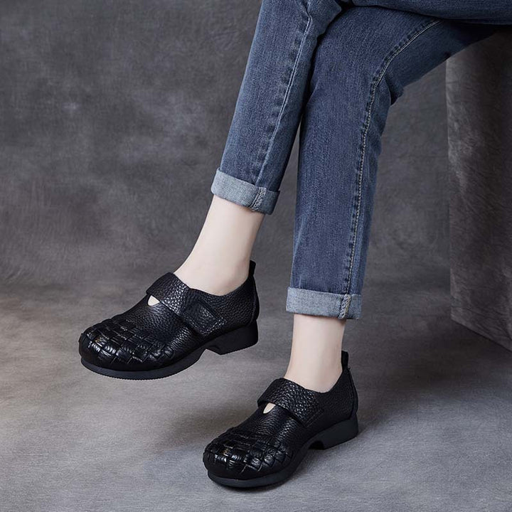 Women's Woven Leather Wide Toe Low Heel Velcro Casual Shoes