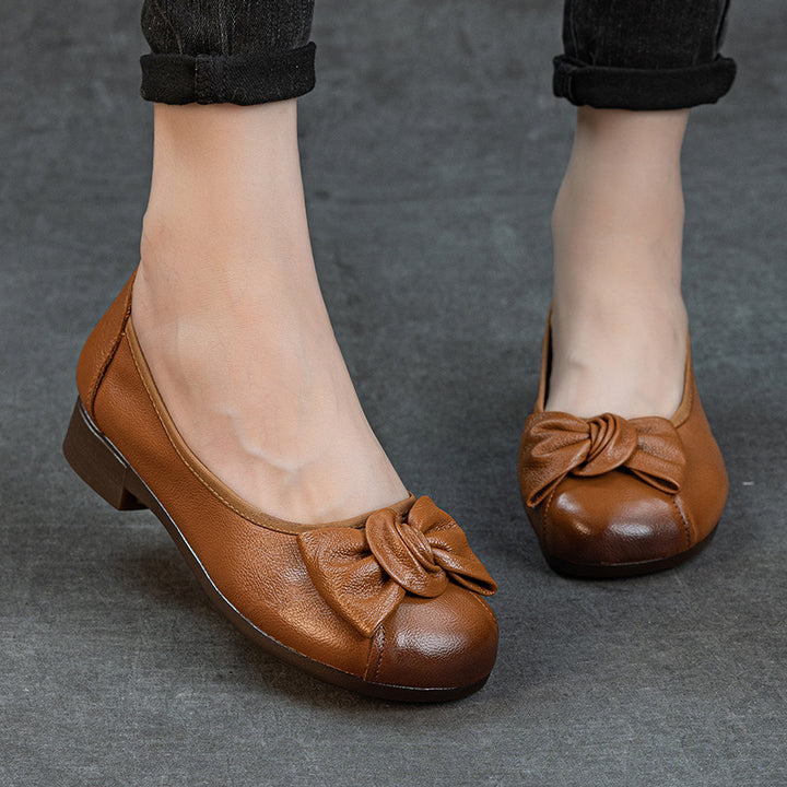 Women's Genuine Leather Bowknot Ballet Flats Round Toe Slip On Low Heel Walking Shoes