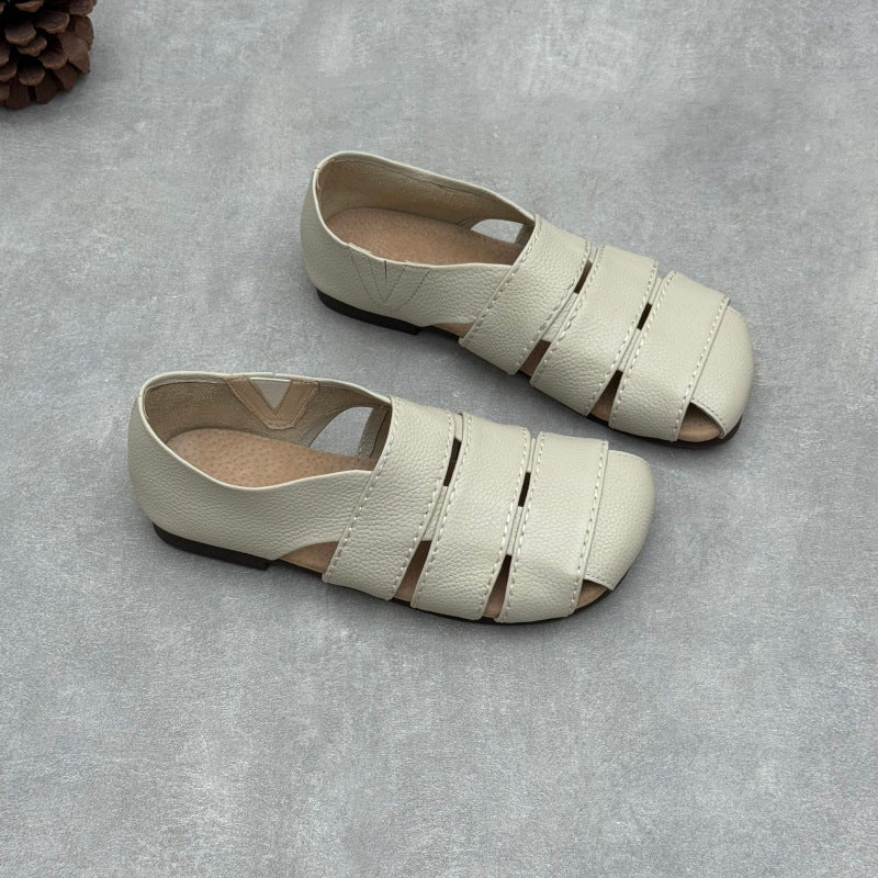 Women's Leather Hollow-Out Fisherman Sandals Casual Summer Retro Square Toe Shoes