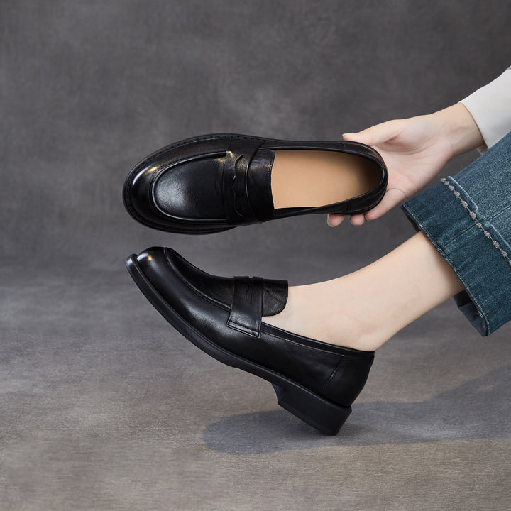 Women's Genuine Leather Penny Loafers Vintage Slip-on Round Toe Low Heel Shoes