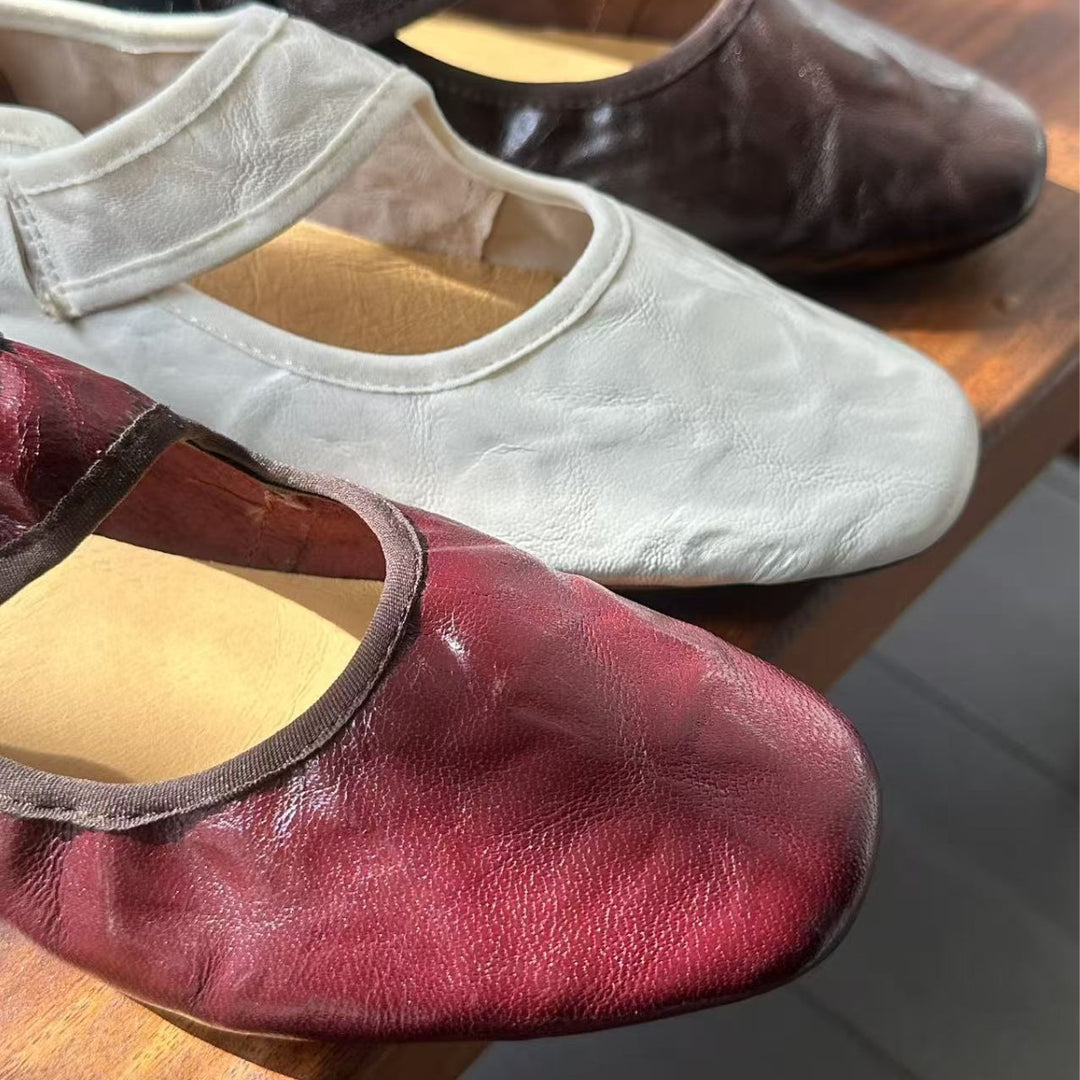 Women's Retro Lambskin Mary Jane Flats Vintage Square Toe Elastic Strap Ballet Shoes