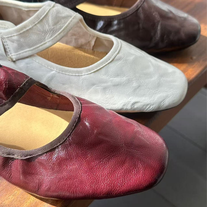 Women's Retro Lambskin Mary Jane Flats Vintage Square Toe Elastic Strap Ballet Shoes